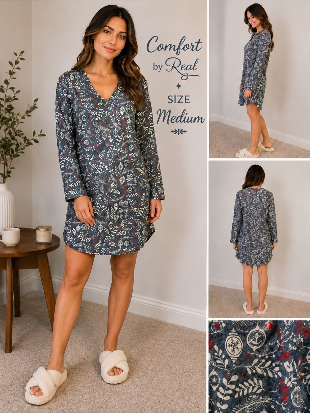 Comfort by Real Holiday Print Nightshirt Size Medium NWT Cozy Sleep Shirt
